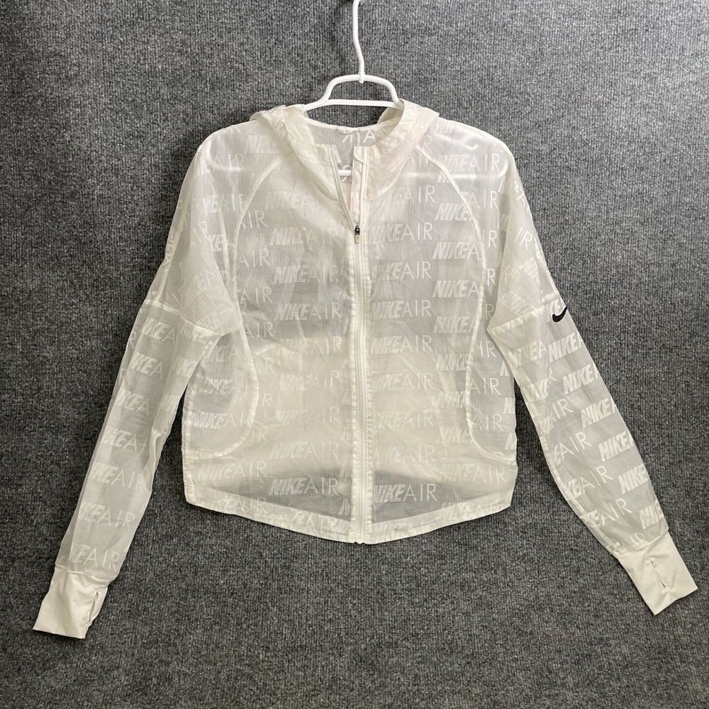 Nike Air Sheer Hooded Running Jacket Womens Sz S White Clear Cropped AQ5226-100